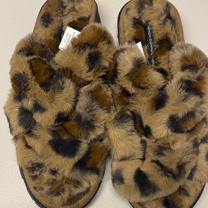 French Connection Women's Fuzzy Animal Print Slippers